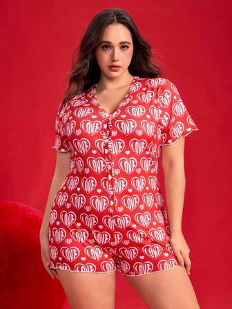 Kawaii Mono de pijama con estampado de corazón para el Día de San Valentín, tallas grandes