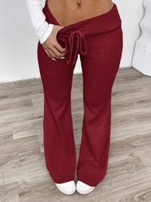 SHEIN EZwear Casual Solid Color Knitted Low Waist Flare Leg Fitted Pants For Women