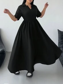 Flirla Plus Size Casual Solid Color Patchwork Dress - Black - View 5