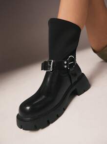 CUCCOO GRLICON 女式中筒靴，Y2K 风格，朋克摇滚，机车风，酷女孩装，适合万圣节、圣诞节和派对 - 黑色 - 查看 9