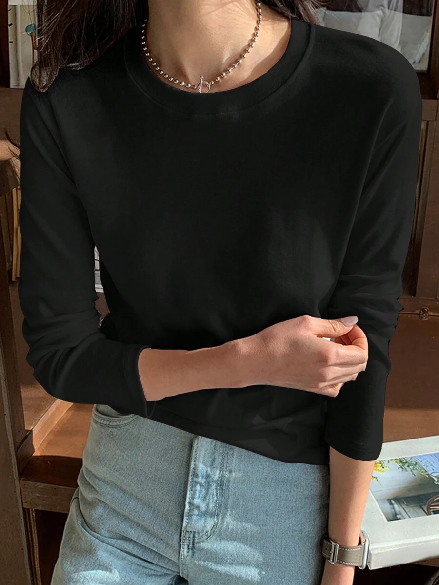 DAZY Áo thun tay dài màu đen trơn đơn giản, đa năng cho mùa thu, quần áo trở lại trường, quần áo mùa thu cho nữ - màu đen - Xem 1