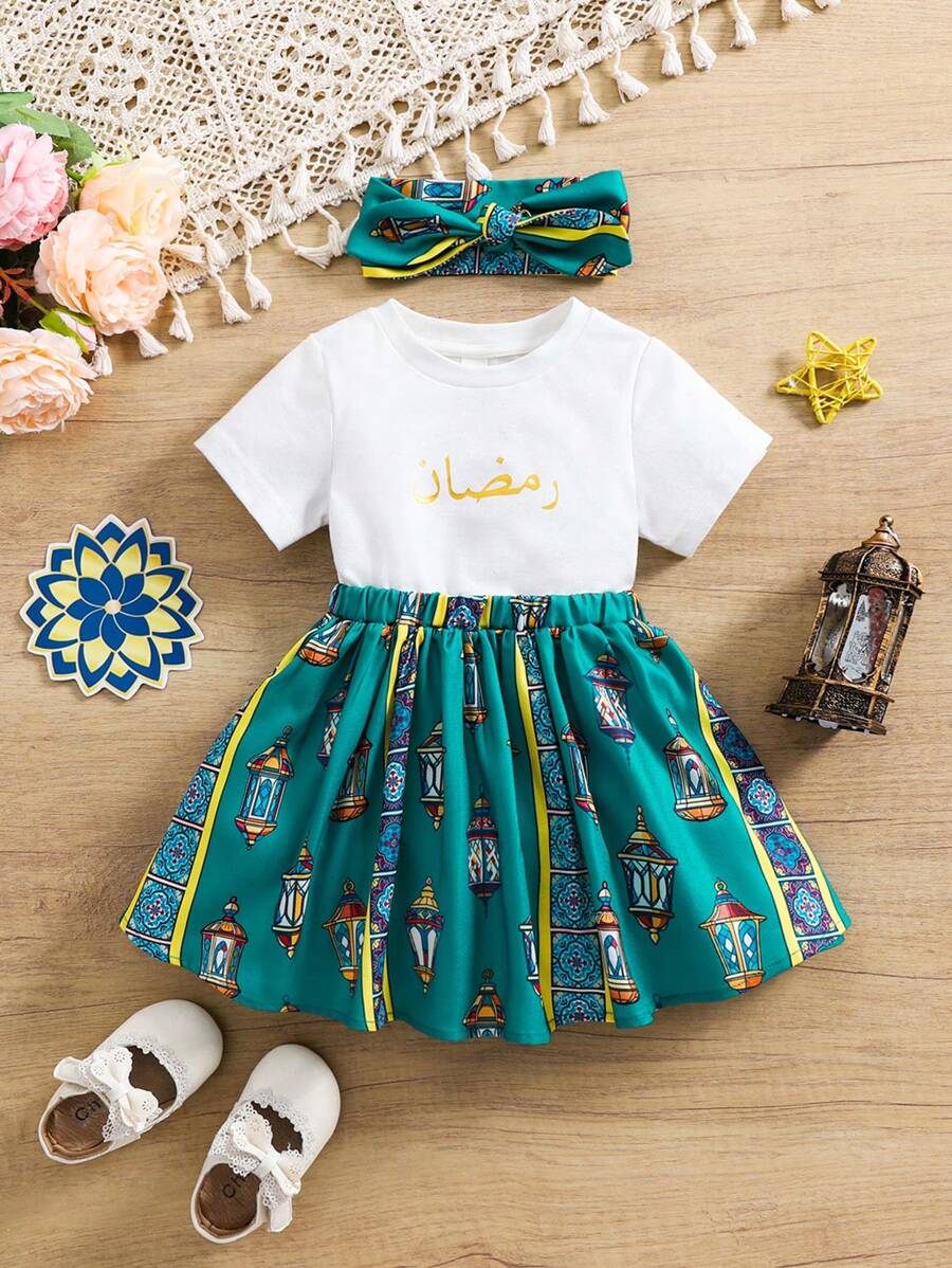 SHEIN Leap Crew Bộ 3 món áo len tay ngắn đi nghỉ mát dễ thương cho bé gái, chân váy họa tiết hoạt hình và băng đô - màu xanh lá - Xem 1