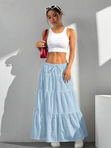 SHEIN EZwear 女士纯色前系带褶饰简约 A 字裙，休闲日常穿着 - 藍色 - 查看 2