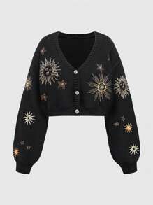 ROMWE Hippie Plus Size Women Mysterious Witch Style Sun & Moon Embroidery Cardigan, For Winter - Black - View 1