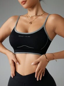 Gameset SHEIN Sport Áo ngực thể thao thường ngày liền mạch in chữ cho nữ - màu đen - Xem 6