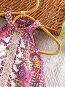 Travachic KIDS Baby Girl Summer Vacation Cute Floral Print Tassel Strap Sundress - Red - View 5