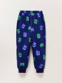 THE HAPPY LOOK Young Boys Cute Letter Print Blue Knitted Elastic Waist Cuffed Casual Sweatpants, Sports Style - Blue - View 2
