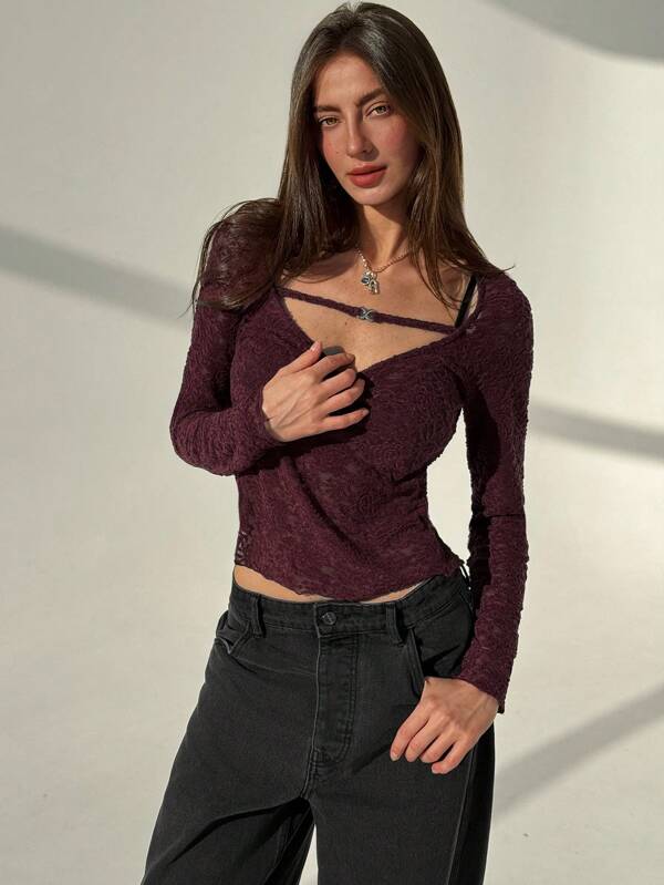 Aloruh Women's Sexy Burgundy Lace Round Neck Long Sleeve T-Shirt, Christmas & Valentine's Day
