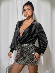 SHEIN ICON 大码女式纯色性感落肩长袖缎面垂领衬衫 - 黑色 - 查看 3