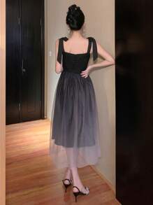 DAZY Square Neck Tie Up Color Gradient Midi Dress For Women Prom Dress Sundress Elegant Women Dresses - Black - View 2