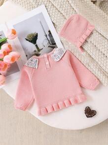 SHEIN Cute Contrasting Knitted Hooded Top For Toddler - Baby Pink - View 2