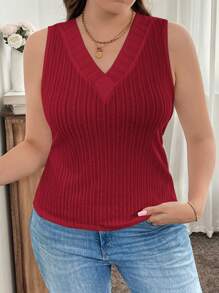 SHEIN LUNE Plus Size V-Neck Casual Soft Tank Top - Burgundy - View 3