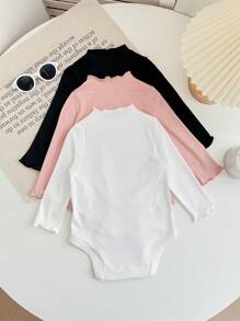 SHEIN LMoss Kids LMoss 3PCS Newborn Baby Girl Autumn Cute Knitted Elastic Solid Color Minimalistic Ruffled Open-Crotch Bodysuits Set - Multicolor - View 2