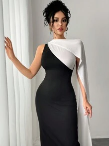 Firerie Women's Elegant Simple Exquisite Romantic Black & White Color Block Asymmetrical Neck Bodycon Dress, Suitable For Dates, Parties, Balls For Valentine's Day