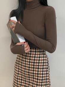 DAZY Women Solid Color Long Sleeve Turtleneck Tight Fitting Base Layer Top,Fall Clothes Preppy Tops - Brown - View 3