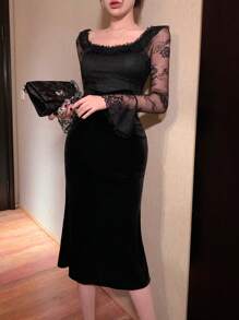 DAZY Square Neck Lace Patchwork Mid-Length Dress For Women Prom Dress,Ruffle