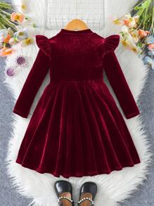 SHEIN Leap Crew Vestido Veludo Liso Menina Babado Acabamento Tricô Veludo Estilo A, Vestido Longo Manga Elegante Estilo Bolo, Ótimo para Uso Casual & Diário & Escola no Outono & Inverno, para Natal ,Férias, Combinando Mãe e Filha , Cor Verde,para Natal,Uso em Festas ,Vestido de Aniversário,Vestido de Princesa. - Vinho - Visão 5