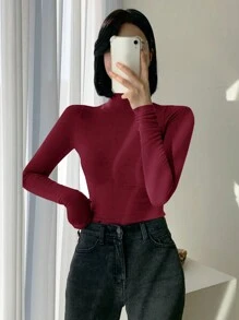 DAZY 女士高领修身保暖 T 恤，纯色简约时尚休闲日常穿着长袖女式上衣，秋季女装 - 中紫紅色 - 查看 2