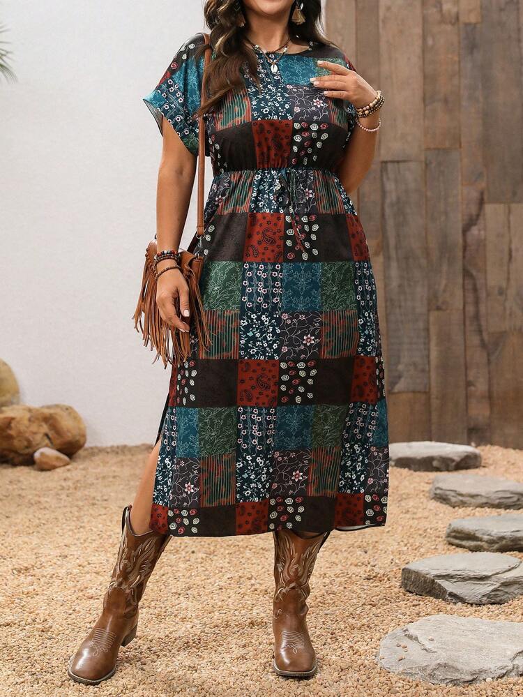 Plus Size Spring Summer Women Ditsy Floral Round Neck Batwing Short Sleeve Casual Vacation Dress,Western Wear Women
