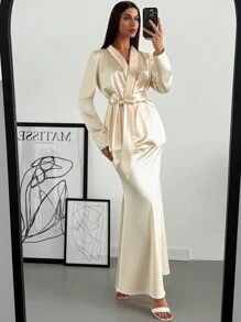 SHEIN Privé Elegant Autumn Cream Shawl Collar Cinched Waist Blazer & V-Waist Slim Fit Fishtail Skirt Suit Set,Minimalist Retro Light Luxury Office Dining,Winter - Apricot - View 6