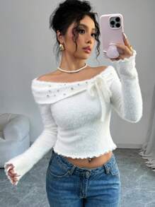 Elenzga Franse stijl off shoulder gebreide trui voor vrouwen, mode strass strik decor korte zachte pullover top
