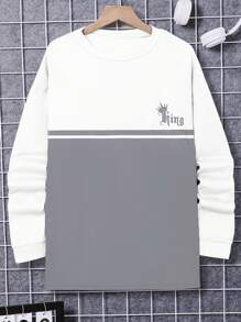 SHEIN Teen Boy Color Block Letter Print Casual T-Shirt For Autumn - Grey - View 1