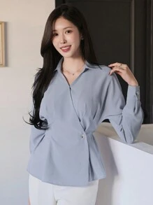 DAZY 女士纯色前扣长袖休闲衬衫，日常穿着，秋季女装 - 藍色 - 查看 3