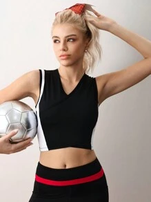 SHEIN Sports Women Colorblock V-Neck Sports Bra - Black and White - View 6