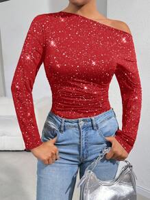 SHEIN Essnce Camiseta con cuello asimétrico y fruncido para mujer, ideal para salir en otoño/invierno, para el diario, ir al trabajo o la calle, versátil y con estilo