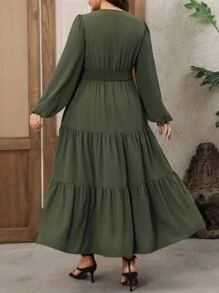 SHEIN LUNE Plus Size Women's V-Neck Lantern Sleeve Layered Hem Long Dress, Casual Commuting Vacation Wear, Spring/Autumn/Winter