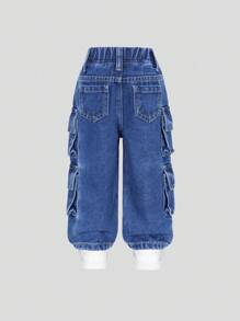 Baby Girl Gender Neutral Streetwear Wash Snow Floral Multi-Pocket Elastic Waist Wide Leg Cargo Jeans, Versatile Fashion Essential All Year Round - Medium Wash - View 2