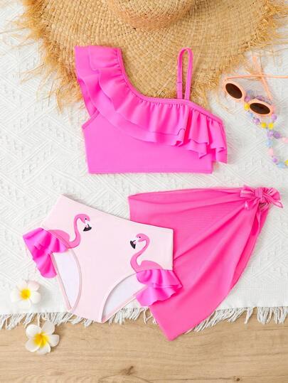 SHEIN 年轻女孩纯色荷叶边简约比基尼上衣和泳裤套装