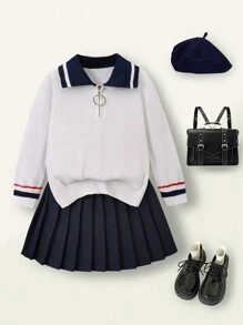 SHEIN 2 Stück/Set Collegestil Halb-Reißverschluss Pullover und Rock Set für Kleine Mädchen