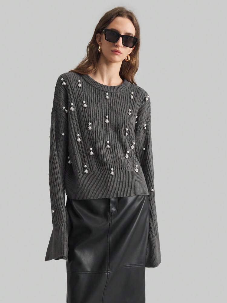 Women's Fashion Rhinestone Embellished Flare Cuff Knit Sweater, Autumn/Winter