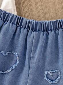 SHEIN Girls' Casual Ombre Heart & Letter T-Shirt With Heart Embroidered Denim Shorts Set