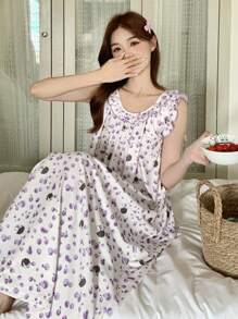 DAZY Women's Sweet Ruffle Trim Sleeveless Backless Tie Design Nightgown Pajama - Beige - View 1