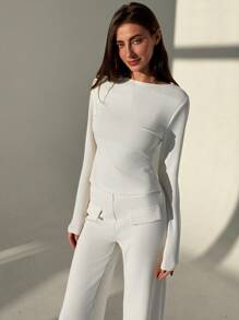 Aloruh Trang phục đi làm và công sở đơn giản: Áo thun ngắn tay dài + Quần dài cạp thường cho nữ - Màu be - Xem 2