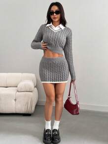 SHEIN EZwear Set de 2 piezas de suéter texturizado corto con cuello en V de color contrastante + Mini falda suéter de color contrastante a la altura de la cintura para mujeres, primavera/otoño