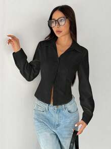 SHEIN PETITE 基本款休闲长袖收腰衬衫 - 黑色 - 查看 3
