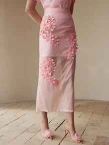 MOTF PREMIUM FLORAL EMBROIDERY SPLIT HEM SKIRT - Pink - View 4