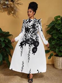 Slaydiva Vestido elegante de talla grande para mujer con estampado floral, cuello con volantes y mangas farol