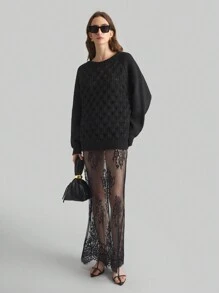 Ontre Damen Schwarzer Floral Jacquard Pullover mit offenen Schultern und Crew-Ausschnitt, Langarm, Mode vielseitig mit Stickerei, Frühjahrskollektion 2025 - Schwarz - Übersicht 6