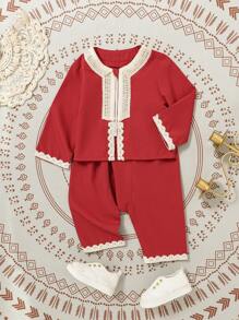 SHEIN Baby Boy Contrast Lace Long Sleeve Top And Pants Casual Outfit Set