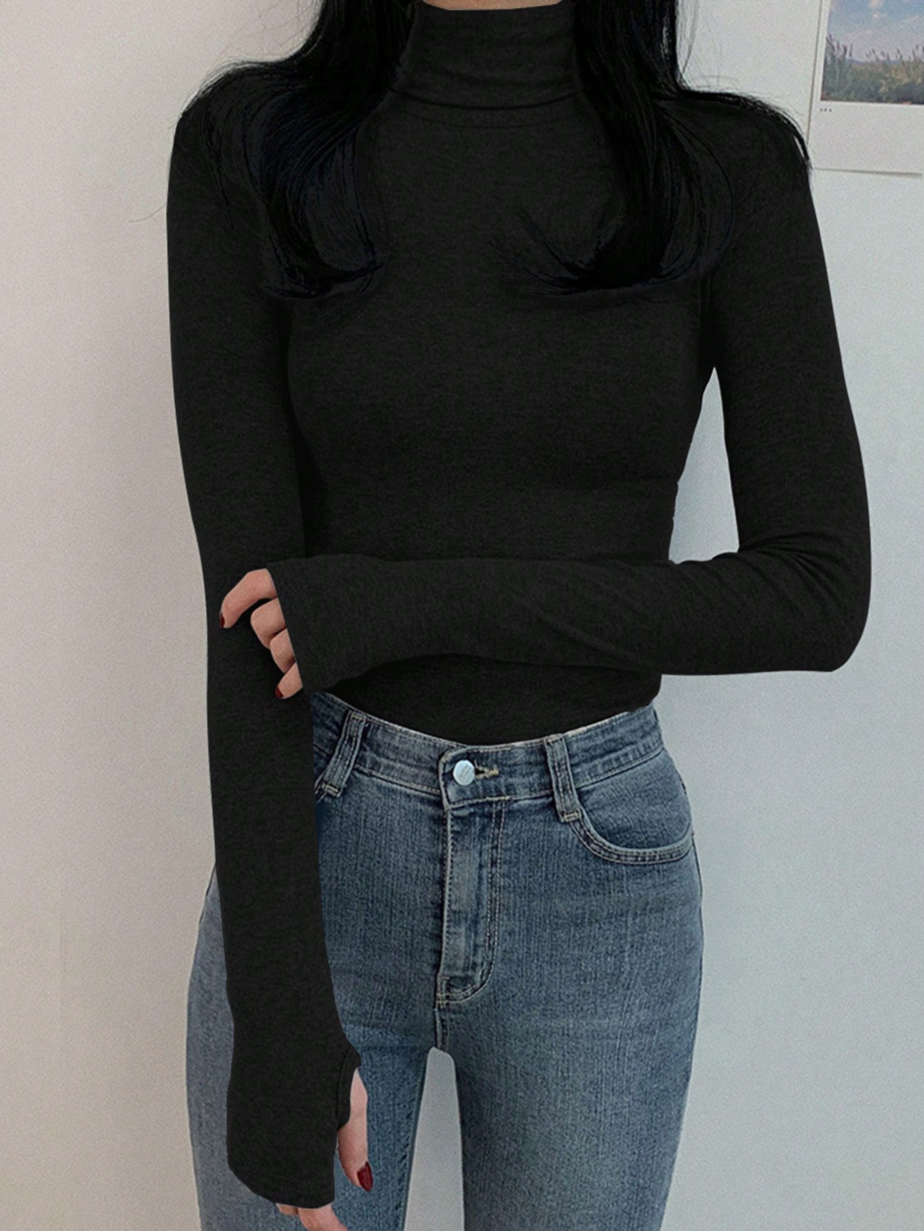 قميص داخلي نسائي بياقة عالية وأكمام طويلة، قصة ضيق...