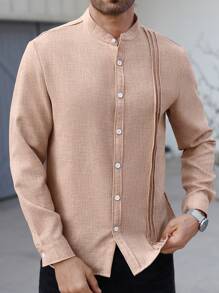 Manfinity Homme Chemise décontractée à manches longues à col simple et plissée de couleur unie pour hommes, automne