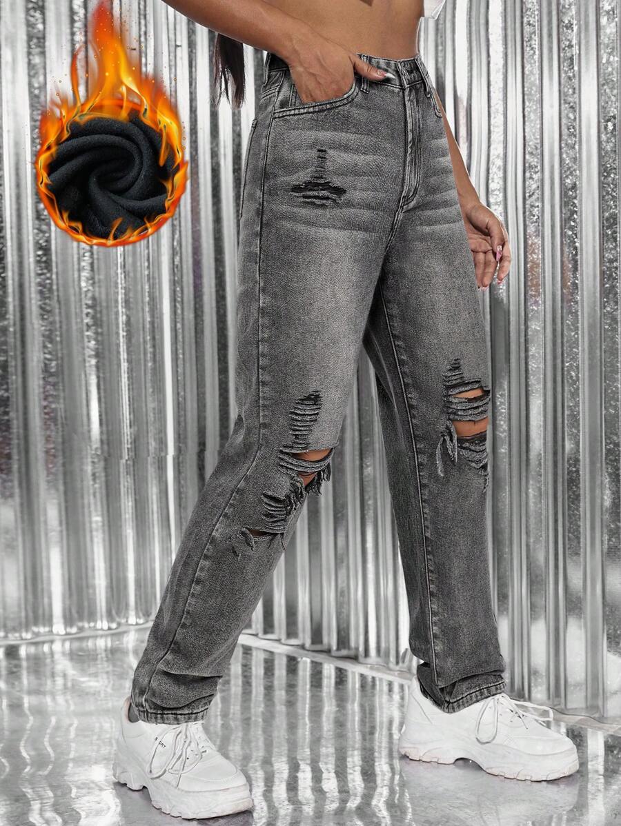 SHEIN ICON 女式前扣口袋破洞休闲牛仔裤 - 灰色 - 查看 1