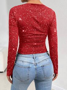SHEIN Essnce Camiseta con cuello asimétrico y fruncido para mujer, ideal para salir en otoño/invierno, para el diario, ir al trabajo o la calle, versátil y con estilo
