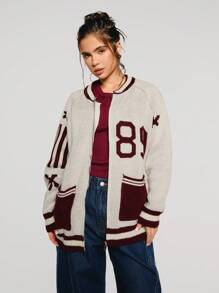Athîral Women's Casual Letter Stripe Raglan Sleeve Cardigan, Autumn/Winter