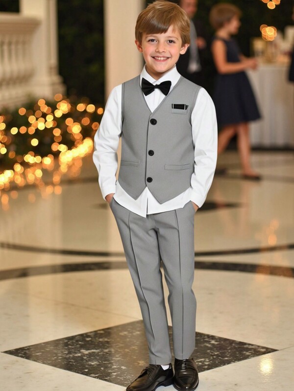 SHEIN 2pcs Tween Boy Gentleman Outfit - Vest, Long Pants Suit, Elegant Outfit For Birthday Party, Evening Party, Wedding, Christening, 1st Birthday (Vest + Pants)