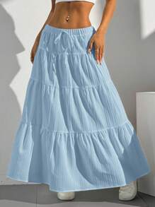 SHEIN EZwear 女士纯色前系带褶饰简约 A 字裙，休闲日常穿着 - 藍色 - 查看 7